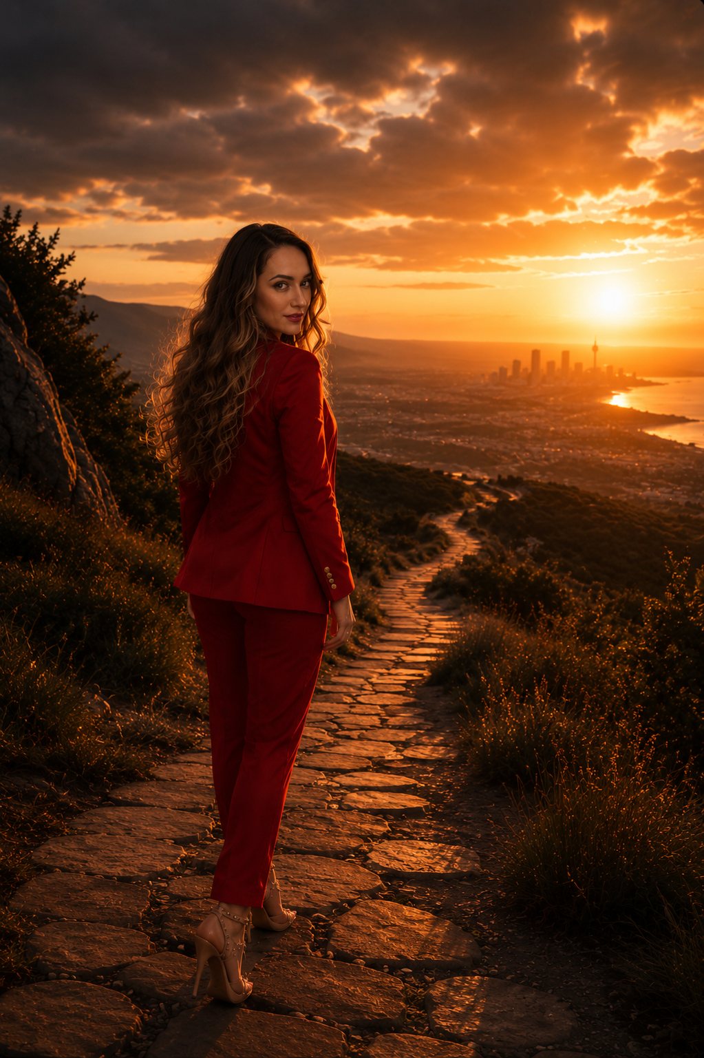 A woman in red walking a stone path toward a city at sunset