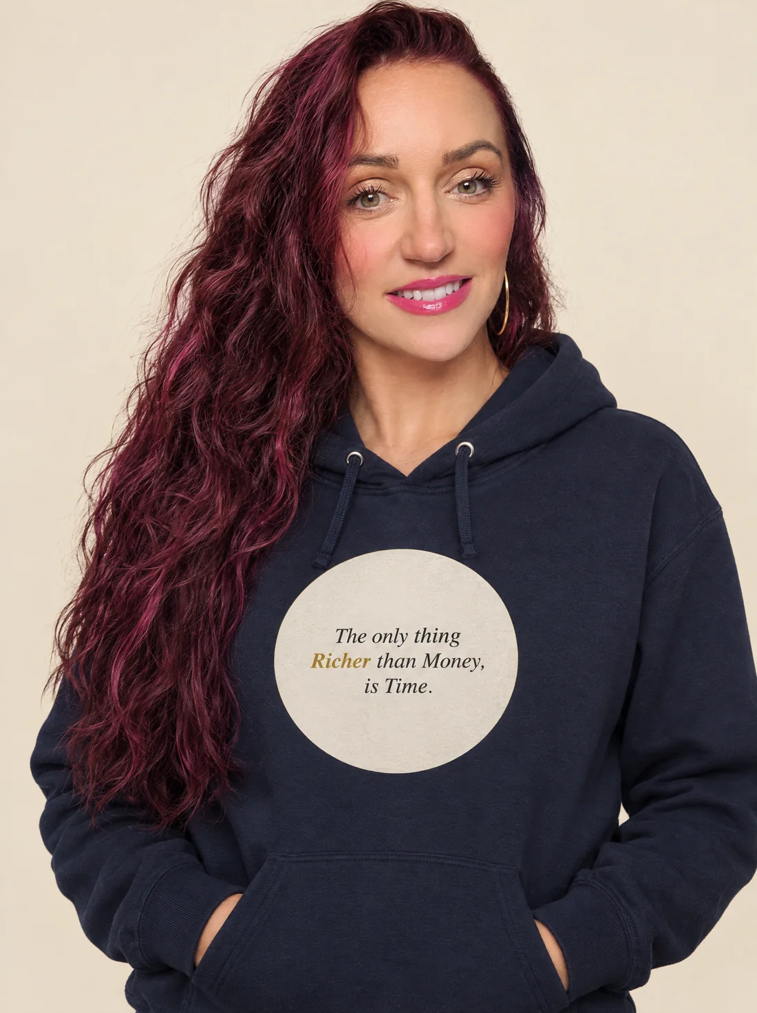 Alexandra wearing the navy Fearless hoodie